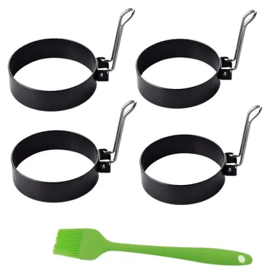 Produktbild von Spiegelei-Formen aus Edelstahl - 4er Set mit Silikon-Backpinsel - Eierformer für Bratpfanne und Omelettzubereitung