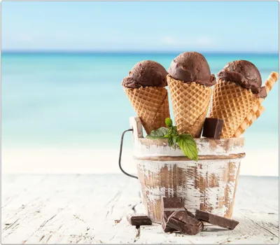 Produktbild von Spritzschutz Herdabdeckplatte Schneidebrett aus Glas Eiscreme im Topf am Meer 1-Teilig (60x52cm)