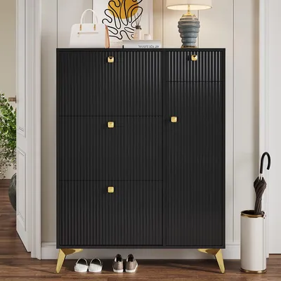 Produktbild von Schuhschrank mit 3 Klappen 1 Schublade und 1 Tür Schuhregal Schuhkipper Schmal H 121 cm / B 90 cm / T 25 cm Schwarz