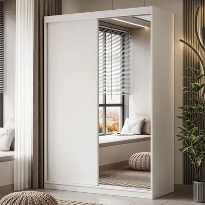 Obrázok produktu pre Šatníková skriňa CAMARO II 150 cm so zrkadlom Šatníková skriňa s posuvnými dverami Biela / Biela