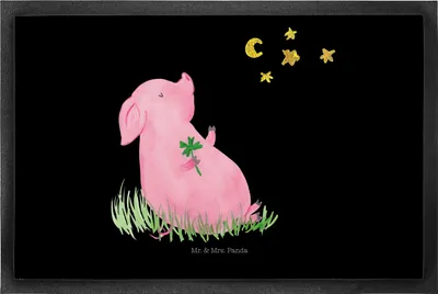 Produktbild von Mr. & Mrs. Panda fußmatte Schwein Glück 50 x 75 cm - Schwarz - Geschenk, Türmatte, Schmutzfangmatte, Fußabtreter, Gummimatte, Motivation, Sauberlaufmatte, Ziele, Träume