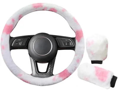 Immagine prodotto di Set di 3 coprivolanti in peluche rosa a forma di mucca, ideali per l'inverno, per volante, freno a mano e leva del cambio