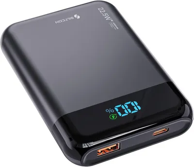 Produktbild von Siltcon® Ultra Kompakte Powerbank 10000mAh – 22,5W Schnellladen – USB-C/USB-A – LED-Anzeige – Notfallset – 2 Ports – Schwarz
