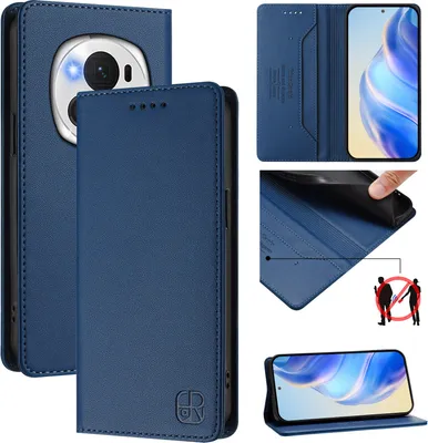 Obrázek produktu pro Kožené pouzdro pro Honor Magic6 Pro, flipové pouzdro s přihrádkami na karty, peněženkou a stojánkem Modrý