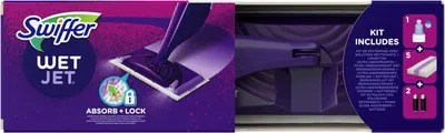 The image shows the packaging of a Swiffer Wet Jet starter set, with a depiction of the product in use.