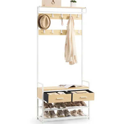 Produktbild von VASAGLE Garderobe mit Schuhbank, Schuhaufbewahrung, 2 Schubladen, 30 x 80,4 x 181,6 cm, goldeichenfarben-weiß