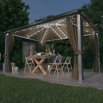 Image de Pavillon avec rideaux & guirlande lumineuse LED 400x300 cm Taupe Alu