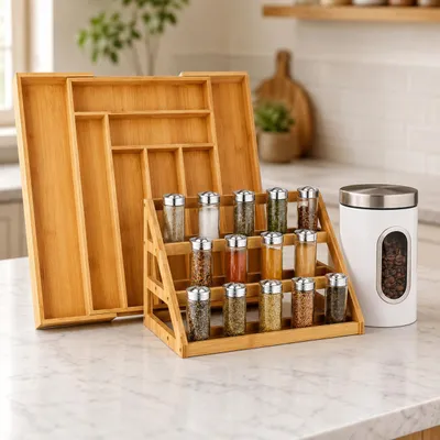 Produktbild von Bambus-Küchenorganizer-Set (3-teilig) – Besteckkorb, Gewürzregal & Vorratsglas