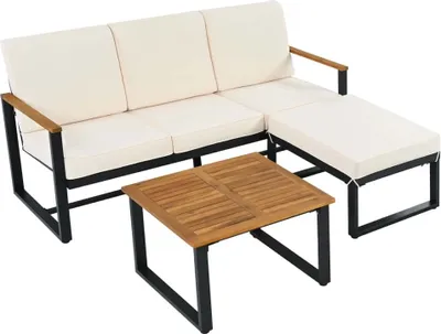 Image de AIORBER Ensemble de meubles de jardin, salon d'angle, canapé + table basse + tabouret de pied, tube d'acier galvanisé,plateau de table en acacia, pour jardins, piscines, beige