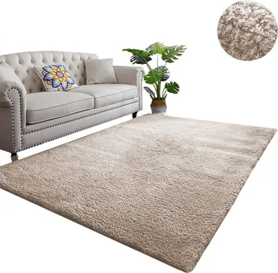 A beige rug is shown in front of a light-colored sofa with a potted plant to the side. A close-up of the rug texture is shown in a circular inset.
