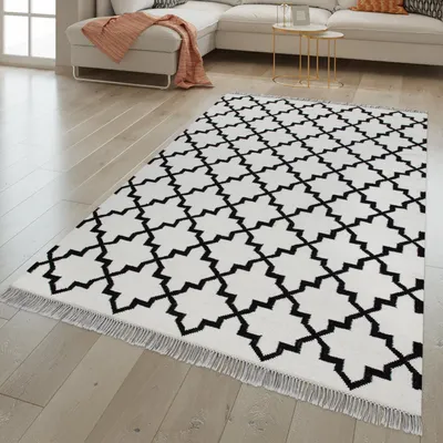 Produktbild von TT Home Wohnzimmer Teppich Orient Design Handgewebt Mit Fransen, Wolle Baumwolle Weiß Größe 120x170 cm