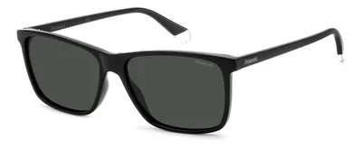 A pair of black Polaroid sunglasses shown from a three-quarter angle against a white background.