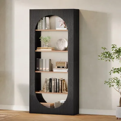 Obrázek produktu pro Police, 5-patrový stojací regál, výška 180 cm, oblý design, otevřená konstrukce pro snadný přístup, ideální do domácí kanceláře, obývacího pokoje nebo chodby