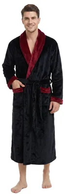 Produktbild von U2SKIIN Herren Fleece Bademantel Plüsch warm Morgenmantel Schwarz rot S/M – Größe S-M, Schwarz/Weinrot