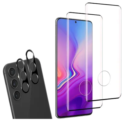 A product shot showing a smartphone screen protector and camera lens protectors.