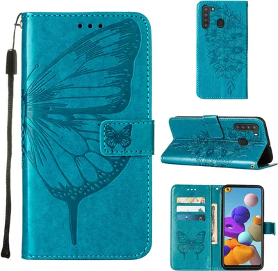 Produktbild von Galaxy A21 Hülle, Schmetterling Prägung Flip Leder Kartenfächer Schutzhülle Ledertasche mit Ständer für Samsung Galaxy A21 Blau