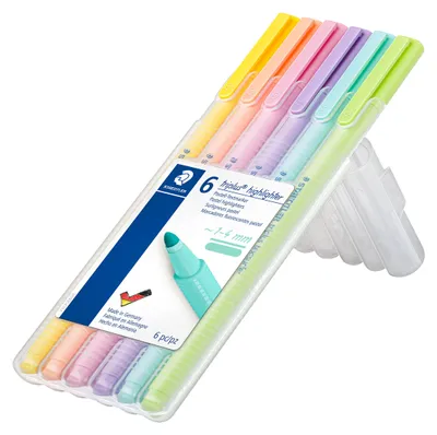 Zdjęcie produktu dla Staedtler 362 C, 6 szt., Limonka, Mięta, Brzoskwiniowy, Różowy, Fioletowy, Żółty, Końcówka pociskowa, 1 mm, 4 mm, Atrament na bazie wody