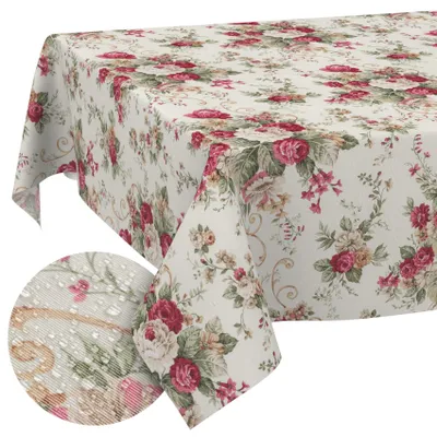 Immagine prodotto di Tovaglia rotonda, diametro 140 cm, motivo floreale (rose), realizzata in cotone e poliestere, ideale per l'uso in giardino