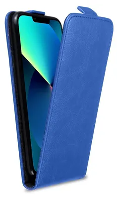 A blue flip case for an iPhone 13 Pro Max is shown.