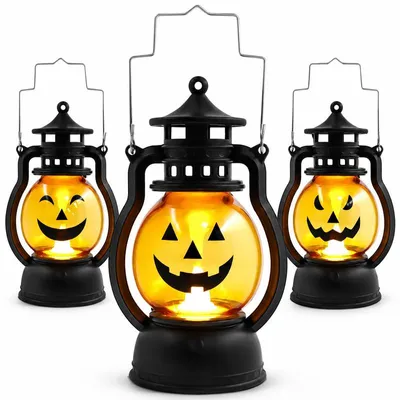 Produktbild von Halloween Kürbis Laterne 3 Stück, LED Dekolicht mit warmem Schein, tragbare Kürbis Lampen für Tisch, Wohnzimmer, Terrasse und Garten Deko