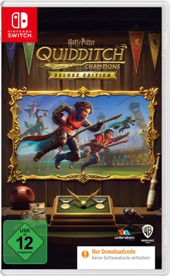 The image shows the front cover of a video game box for Harry Potter: Quidditch Champions Deluxe Edition for Nintendo Switch. The cover features artwork of characters playing Quidditch, along with game title and logos.