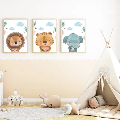 Produktbild von Safari Tiere 3er Set Bilder Löwe Tiger Elefant Kinderzimmer Deko DIN A4 Poster Babyzimmer Wandbilder