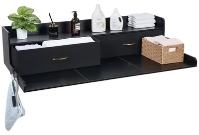 Image de Meuble de surface pour lave-linge et sèche-linge, avec étagère, dimensions 137 x 69,9 cm. Plateau en bois pour lave-linge et sèche-linge avec 2 tiroirs et des crochets, idéal pour organiser et ranger le linge dans une buanderie ou un placard. Couleur : noir
