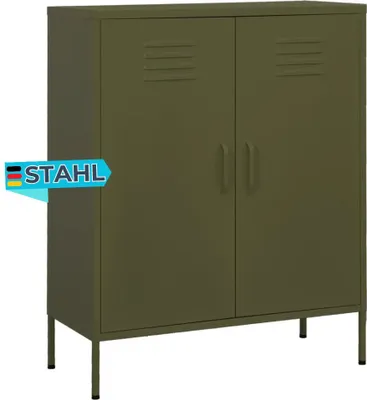 Produktbild von Sideboard KEVI Metall Olivgrün 80x35x101,5 cm Stahl | Flurschrank Metallschrank Lagerschrank Beistellschrank Wohnzimmer