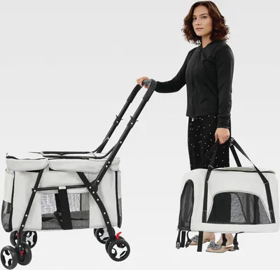 Produktbild von Faltbarer Doppelter Haustierstroller mit Abnehmbarer Transportbox, 51x64x105cm, Grau, Kohlenstoffstahl und Oxfordstoff, für Katzen und Hunde, Ideal für Spaziergänge und Parkausflüge