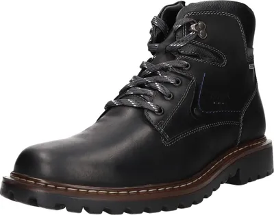 A black leather boot on a white background.