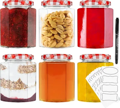 Zdjęcie produktu dla Szklane słoiki, z hermetycznymi zakrętkami, pojemność 250 ml, zestaw 6 sztuk, z etykietami i markerem do kuchni