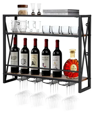 Produktbild von 3 Ebenen Weinregal Wand, Flaschenregal Holz mit Metallrahmen, mit 4 Reihen Weingläserhalter, Industrial Design, ideal für Zuhause, Bar, Küche, Restaurant