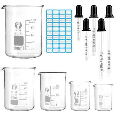 Produktbild von Messbecher Set 5 Stück Borosilikatglas 100ml 50ml 25ml 10ml 5ml mit Tropfer und Etiketten