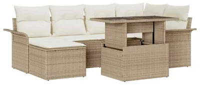 Zdjęcie produktu dla Zestaw mebli ogrodowych – modułowa sofa wypoczynkowa wykonana z odpornego na warunki atmosferyczne rattanu syntetycznego, z szklanym stolikiem – kolor beżowy i biały