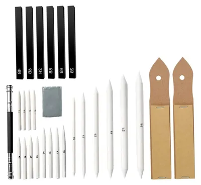 Produktbild von Zeichenset mit Wischstift und Malwerkzeugen aus Papier für Skizzen und Zeichnungen