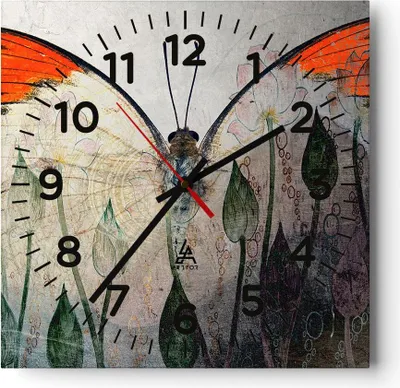 Produktbild von Wanduhr - Quadrat - Glasuhr - Schmetterling Abstraktion - 40x40cm - Schleichendes Uhrwerk - Lautlos - zum Aufhängen bereit - Dekoration Modern - Wanddekoration aus Glas - C4AC40x40-4081