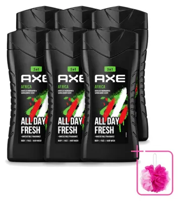 Immagine prodotto di 6 flaconi di gel doccia 3-in-1 Axe Africa, profumo mandarino e sandalo, 250 ml ciascuno, confezione risparmio, 6 pezzi