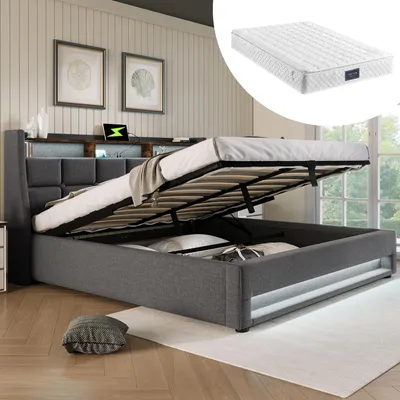 Produktbild von Polsterbett mit USB 160x200cm,LED Doppelbett  mit Lattenrost aus Metallrahmen,Bettgestell aus Leinenmaterial Jugendbett Mit Matratze