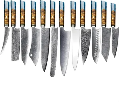Produktbild von Set Damast Küchenmesser MO - 12 Stück in Blau | Hochwertige Damaststahl Messer KP39204