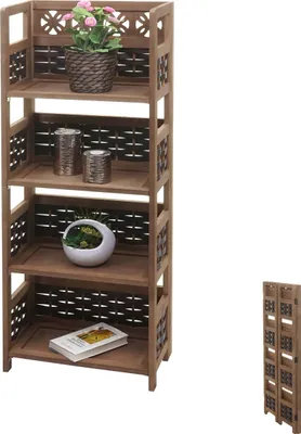 Obrázok produktu pre Regál HWC-K86, stojaci regál do obývačky, skladací 4 police, drevo 110 cm ~ tmavohnedá, prútie tmavohnedé