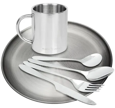 Produktbild von Black Snake® flacher Camping Picknick Teller mit 'lunch' Besteck inklusive Tasse aus Edelstahl - 1 Person - Set