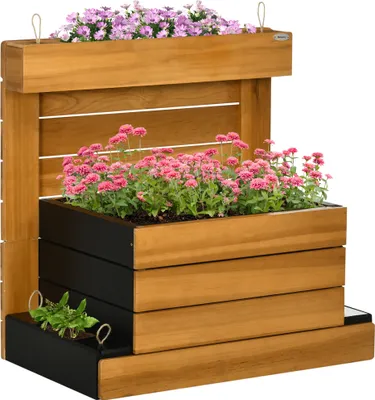 A multi-tiered wooden planter with pink and purple flowers.
