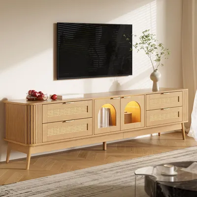 Produktbild von MODFU TV-Schrank 180dm,Lowboard mit LED und gewölbten Glastüren,Fernsehschrank mit 4 Schubladen,TV-Regal aus Spanplatte,Natur