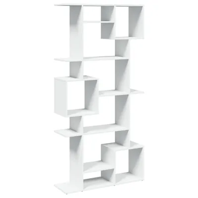A white, modern, geometric bookshelf against a white background.