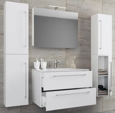 Produktbild von VCM 5-tlg. Waschplatz Waschtisch | Waschbecken Unterschrank Breite 80 cm | Badmöbel Set mit Schubladen Drehtüren Spiegelschrank | Badinos