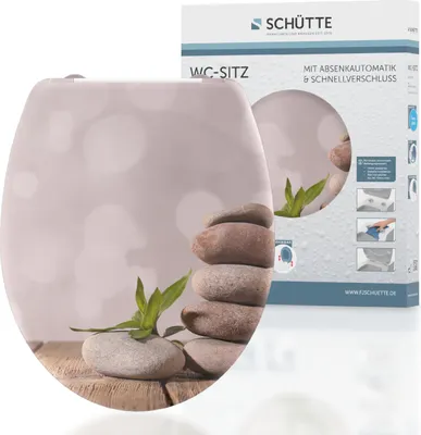 A toilet seat with a nature-themed print is shown next to its packaging.