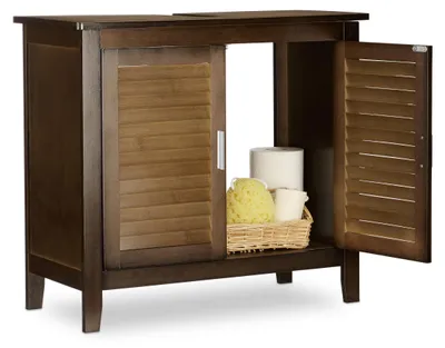 Productafbeelding van Relaxdays Onderkast voor wastafel, donkerbruin, model LAMELL, badkamerkast van bamboe, wastafelmeubel, afmetingen: 60 x 67 x 30 cm, AI-gegenereerde afbeelding