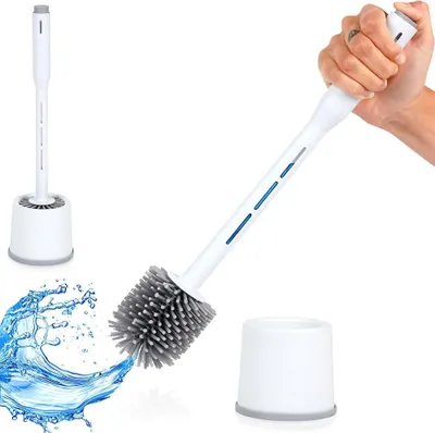 A toilet brush and holder set is shown, with a hand holding the brush and water splashing.