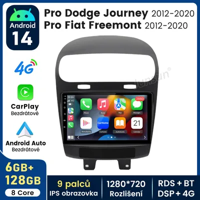 Obrázek produktu pro 9” autorádio s Androidem 15 a CarPlay pro Fiat Freemont 2012–2020, GPS navigace, Wi-Fi, 4G-LTE, Bluetooth, DAB+, SWC, USB, DSP, 6 GB + 128 GB, 8jádrový procesor