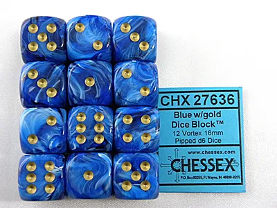 Obrázok produktu pre Sada kociek Chessex Vortex modrá/zlatá D6 16 mm (12 kusov)